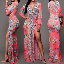 Sexy Printed V-neck Lantern Sleeve Gathered Waist High-slit Maxi Dress