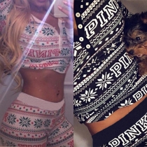 Sexy Printed V-neck Long Sleeve Crop Tops and Pants Two-piece Set