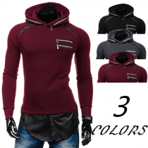 Fashion PU Leather Spliced Zipper Hooded Long Sleeve Men's Sweatshirt