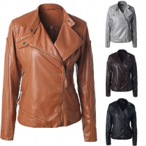 Stylish Solid Color Lapel Long Sleeve Oblique Zipper PU Jacket For Women