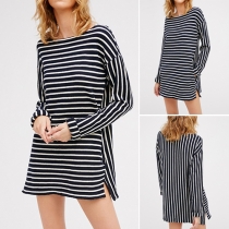 Fashion Round Neck Long Sleeve High-low Hemline Striped Dress