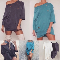 Stylish Solid Color Round Neck 3/4 Sleeve Hollow Out Sweatshirt Dress