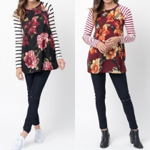 Trendy Long Sleeve Round Neck Floral Printed Striped Tops