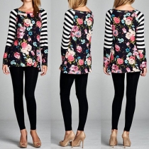 Fashion Floral Printed Round Neck Long Sleeve Striped Spliced Tops
