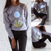 Cute Style Puffer Ball Floral Printed Round Neck Long Sleeve Women's Sweatshirt