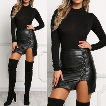Sexy Solid Color Side Lace-up Cut-out Hemline High Waist PU Bust Skirt