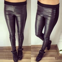 Fashion Solid Color PU Leather Spliced Skinny Pants