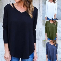 Casual Style Solid Color V-neck Long Sleeve Loose-fitting Knit Tops