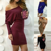 Sexy Solid Color Off Shoulder Bat Sleeve Slim Fit Dress