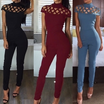Sexy Solid Color Hollow Out Mock Neck Short Sleeve Slim-fitting Jumpsuit