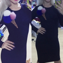 Fashion Puffer Ball Ice Cream Printed Round Neck Long Sleeve Slim Fit Dress