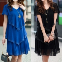 Fashion Solid Color Hot Fix Rhinestone Short Sleeve Three-layer Chiffon Dress