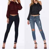 Sexy Solid Color Round Neck Cold Shoulder Long Sleeve Crinkle Crop Tops