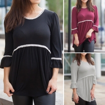 Casual Style Round Neck 3/4 Sleeve Laciness Spliced Relaxed Tops