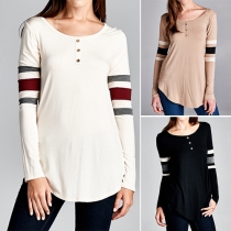 Casual Style Contrast Color Striped Spliced Round Neck Long Sleeve T-shirt