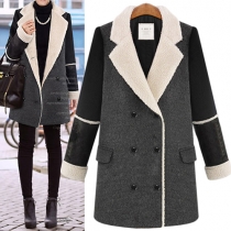 Fashion Contrast Color Lapel Long Sleeve Double-breasted Warm Woolen Coat