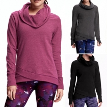 Trendy Solid Color Pile Collar Long Sleeve Irregular Hemline Women's Sweatshirt