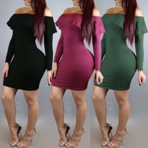 Sexy Solid Color Off Shoulder Backless Long Sleeve Ruffle Bodycon Dress