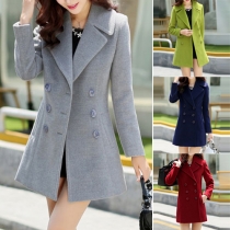 Fashion Solid Color Lapel Long Sleeve Double-breasted Woolen Coat