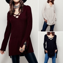 Casual Style Solid Color Front Crossover V-neck Long Sleeve Side Slit Knit Sweater