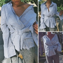 Sexy Single-breasted Lapel Long Sleeve Striped Gathered Waist Blouse