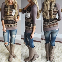 Fashion Lace Spliced Printed Round Neck 3/4 Sleeve T-shirt