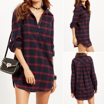 Trendy Lapel Button-tab Sleeve High-low Hemline Lattice Blouse Dress