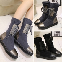 Fashion Round Toe Lace-up PU Leather Spliced Knit Martin Boots
