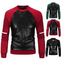 Fashion Contrast Color Round Neck Long Sleeve PU Leather Spliced Men's Sweatshirt
