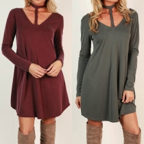 Sexy Solid Color Long Sleeve Backless V-neck Halter Dress