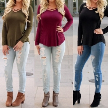 Trendy Solid Color Front Criss Cross Round Neck Long Sleeve Tops