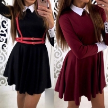 Fashion Contrast Color Doll Collar Long Sleeve High Waist Dress