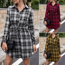 Fashion Single-breasted Lapel Button-tab Sleeve Lattice Blouse Dress with Waist Strap