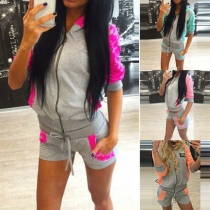 Fashion Lace Spliced Hooded Long Sleeve Tops and Shorts Two-piece Set
