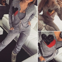 Fashion Sequin Heart-shaped Printed Front Zipper Long Sleeve Sports Suit