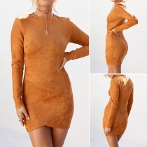Sexy Solid Color Round Neck Long Sleeve Slim Fit Dress