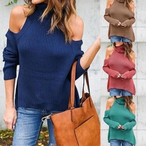 Sexy Solid Color Turtleneck Cold Shoulder Long Sleeve Tops