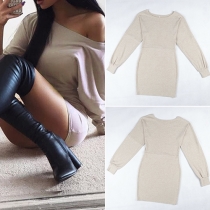 Casual Style Solid Color Round Neck Long Sleeve Gathered Waist Dress