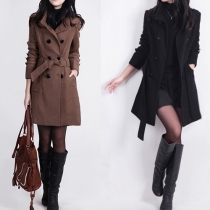Fashion Solid Color Stand Collar Long Sleeve Double-breasted Trench Coat with Waist Strap