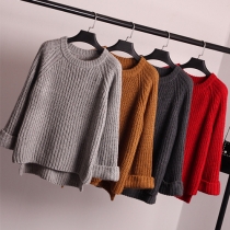 Trendy Solid Color Round Neck Long Sleeve High-low Hemline Knit Sweater