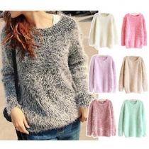 Fashion Solid Color Round Neck Long Sleeve Relaxed Fuzzy Sweater