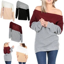 Sexy Contrast Color Oblique Shoulder Long Sleeve Loose-fitting Tops