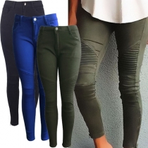 Fashion Solid Color Crinkle Slim Fit Pants For Women