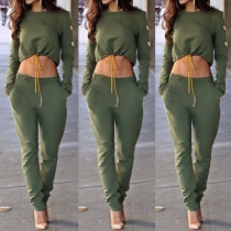 Sexy Long Sleeve Drawstring Waist Crop Tops and Pants Two-piece Set