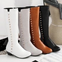 Fashion Side Rivet Zipper Round Toe High-heeled Knee-high Boots
