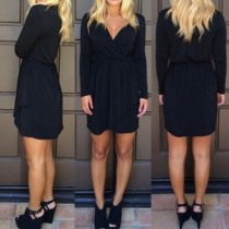 Sexy Solid Color Front Crossover V-neck Long Sleeve Irregular Hemline Dress