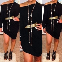 Sexy Solid Color Oblique Shoulder Long Sleeve Irregular Hemline Dress