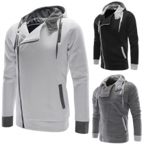 Casual Style Contrast Color Oblique Zipper Hooded Long Sleeve Men's Sweatshirt