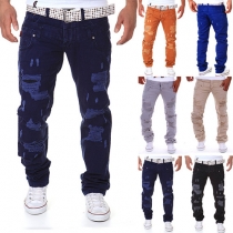 Trendy Solid Color 2 Side Pockets Ripped Men's Pants