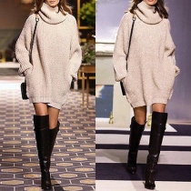 Fashion Solid Color Turtleneck Long Sleeve 2 Side Pockets Loose-fitting Sweater Dress